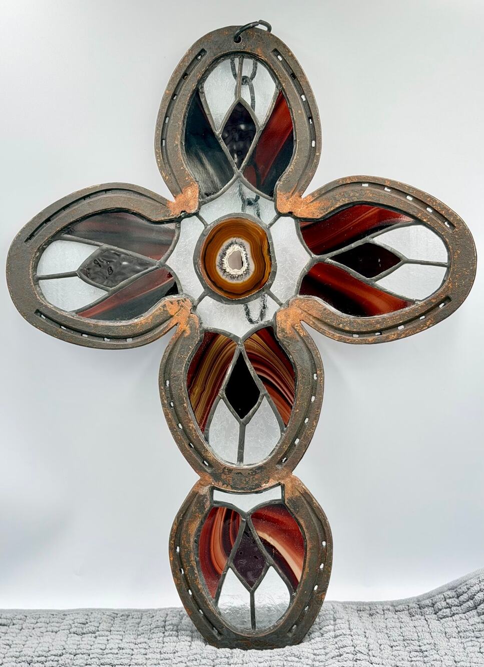 Rustic Folk Art Handcrafted Horseshoe Stained Glass & Agate Cross Wall Decor